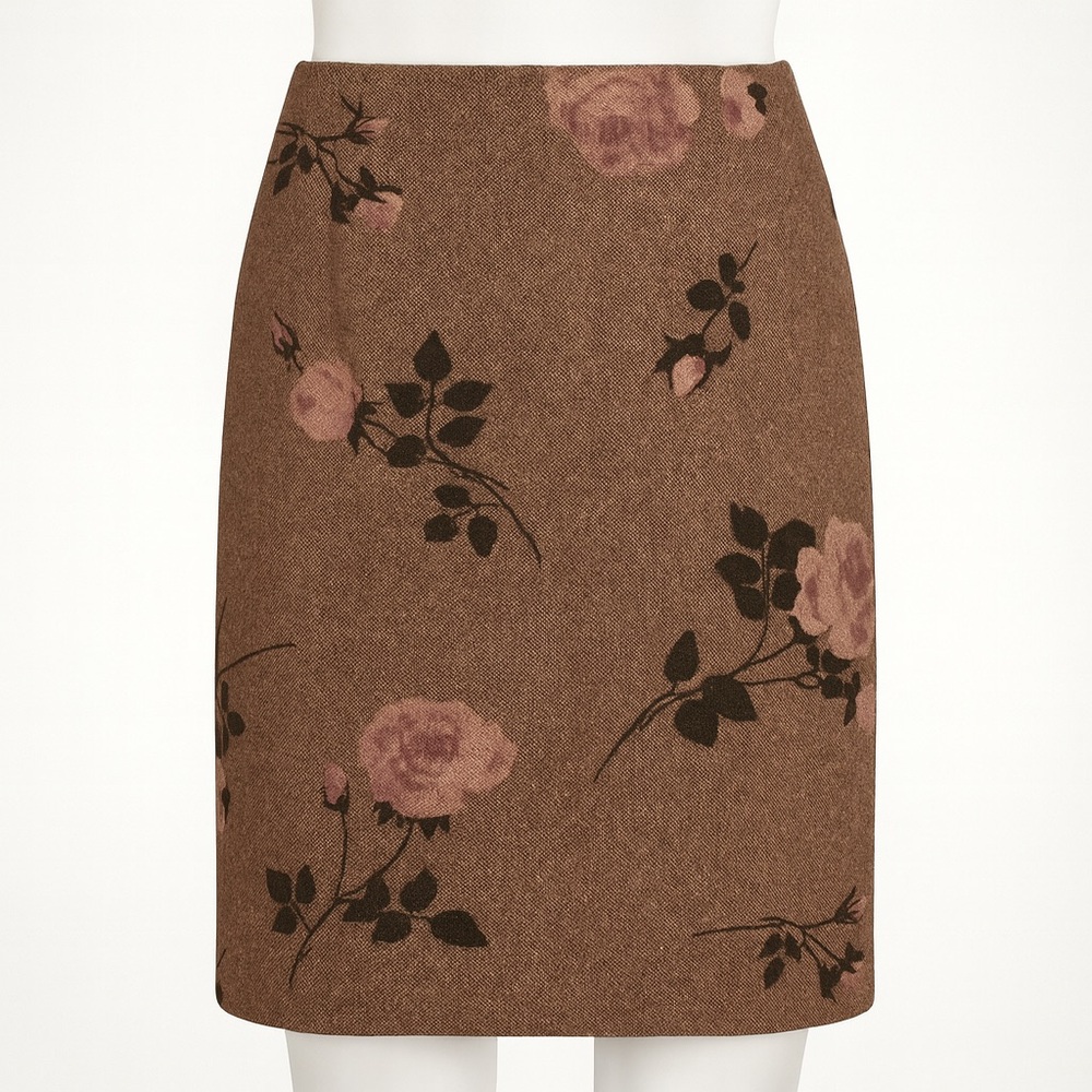 Brown Floral Midi Pencil Skirt Wool Silk Blend 8 Tweed Romantic Cottagecore